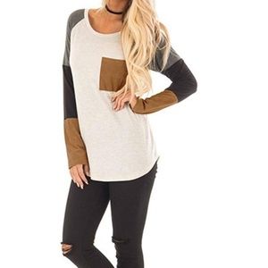 Charcoal Block Long Sleeve Top W/ Faux Suede Pocke